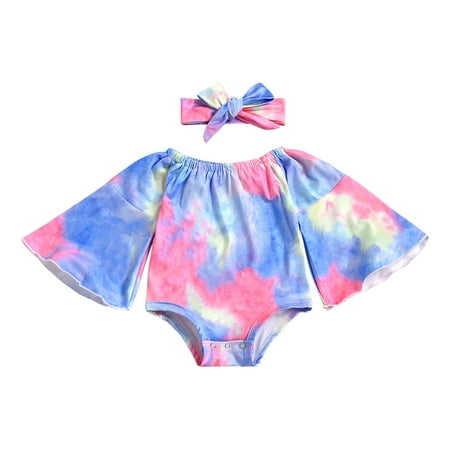 

Fesfesfes Toddler Baby Girls Fashion Cute Tie-dye Gradient Color Off Shoulder Trumpet Sleeve Romper Headdress Suit