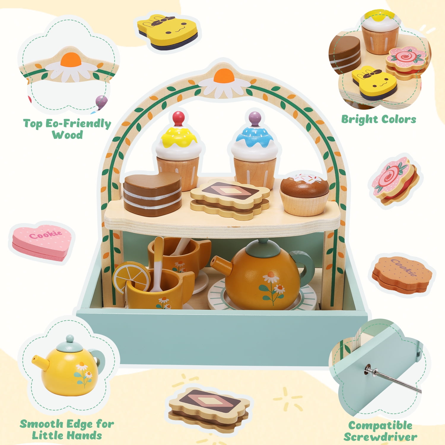 CUTE STONE Cuisine de jeu en bois pour enfants, ensemble de jeu de cuisine avec cafetière, four, micro-ondes, ustensiles de cuisine, évier de jeu, mini jouets éducatifs pour garçons et filles