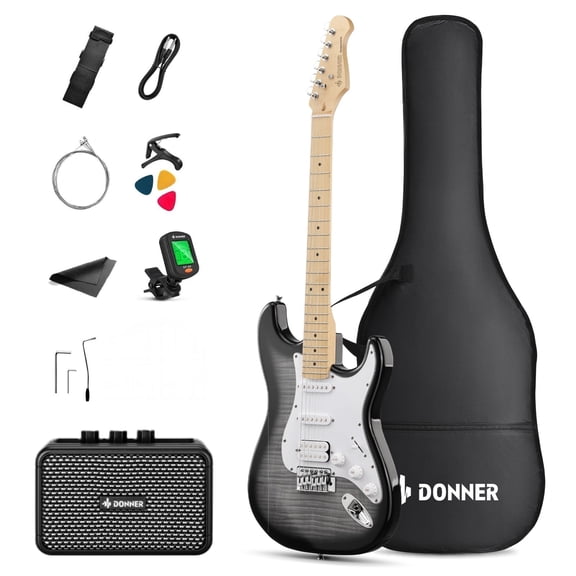 Donner DST-95 Electric Guitar Kit with Amp, Full Size HSS Pick up for Starter Set, Bag, Capo, Strap, String, Tuner, Cable, Picks, Black