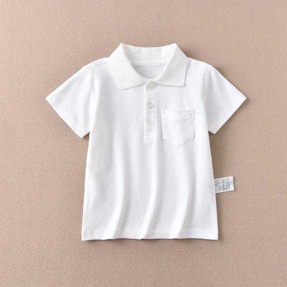 Boys' School Uniform Short Sleeve Polo Shirt, Button Closure, Comfortable & Soft Pique Fabric 1-15Y, White, 90