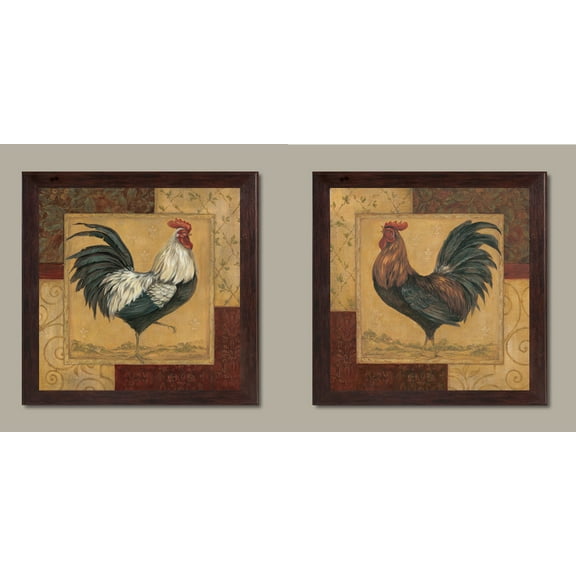 2 French Country Rooster Set; Kitchen Home Dcor; Two 12x12in Brown Framed Prints; Ready to hang!