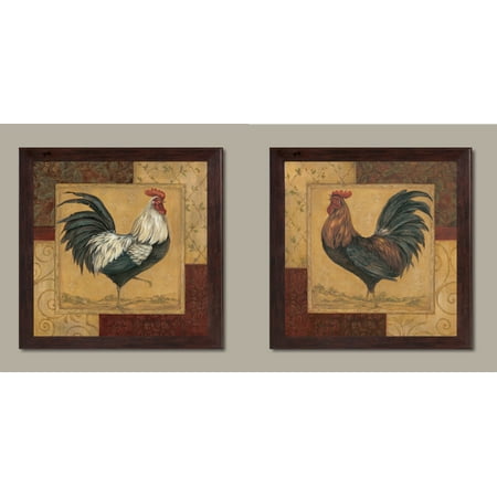 - Gango Home Décor's French Roosters; Kitchen Home Décor, Two 12x12in Brown Framed Prints; Ready to hang!