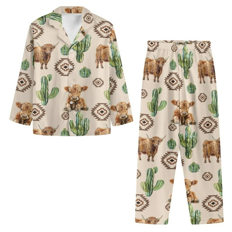 Yuyamidu Highland Cow Button Pajama Set of 2 Men's Long Sleeve Night Shirt  & Long Pants with Pockets Size S Cactus Loungewear Pj V Neck Sleepwear for  Athletic Jogger Walking - Walmart.com