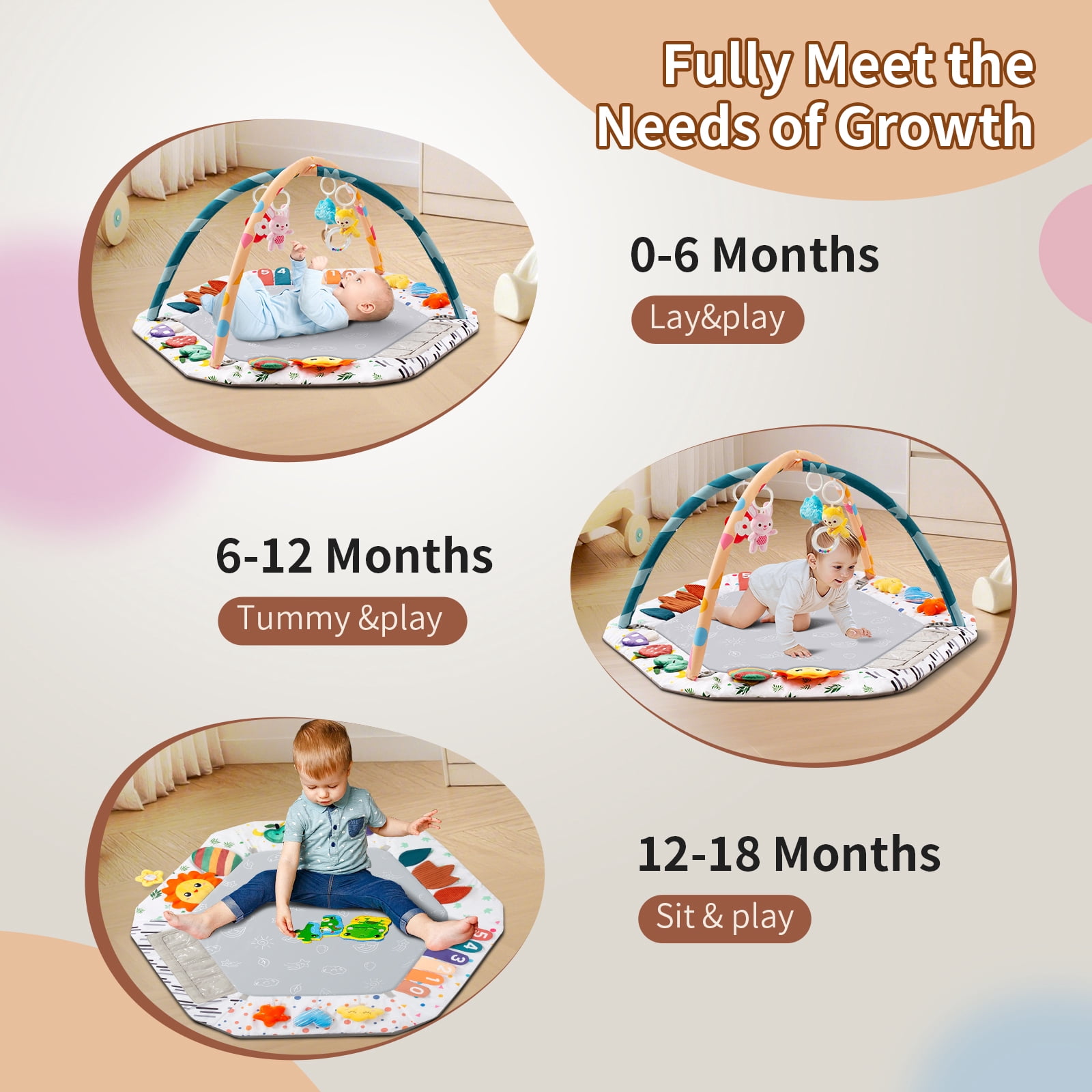 Multifunctional Baby Play Gym Mat with Sensory Toys Tummy Time Mirror Large Activity Center for Newborn 0-18 Months Infant Gift