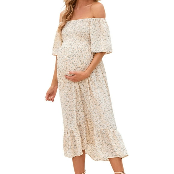 MEZZALL Robe Femme Florale à Encolure Carrée Robes Midi Robe de Maternité Enceinte Décontractée Robe Trapèze Longue Fluide à Smocks Robe de Loisirs Tenue Quotidienne L