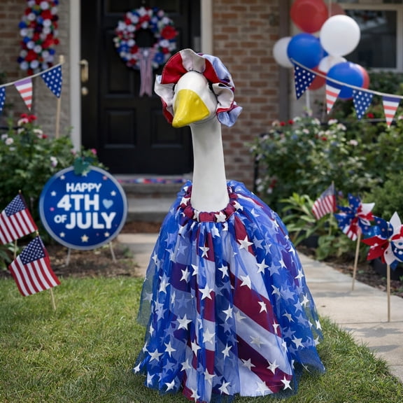 4th of July Porch Goose Outfit with Patriotic Hat and Bandanna Tutu Skirt, Porch Goose Outfits for Independence Day Outdoor Lawn Patio Decor