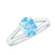 Rosec Jewels Oval Shape Aquamarine Solitaire Ring for Women, March Birthstone Ring - 6X8 mm, 18K White Gold, US 12.00