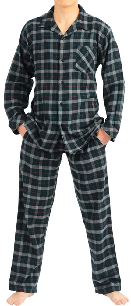 Adriat Mens Cozy Checkered Button Up Homewear Flannel Lapel Cotton Pj Set 