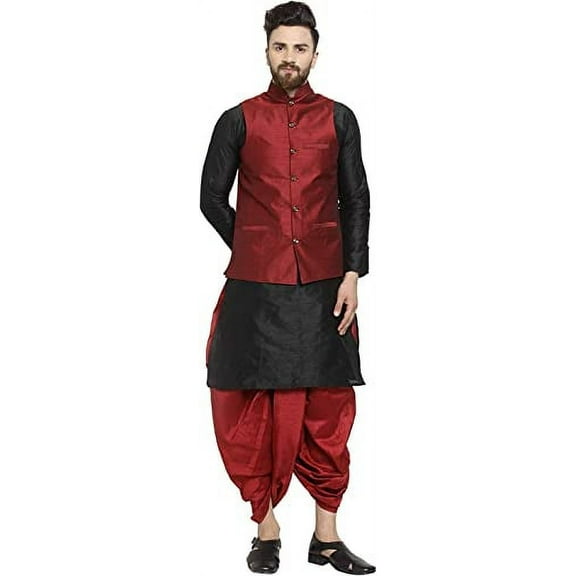 Royal Kurta Men's Silk Blend Kurta Dhoti & Nehru Jacket Set (38, Black-Maroon)
