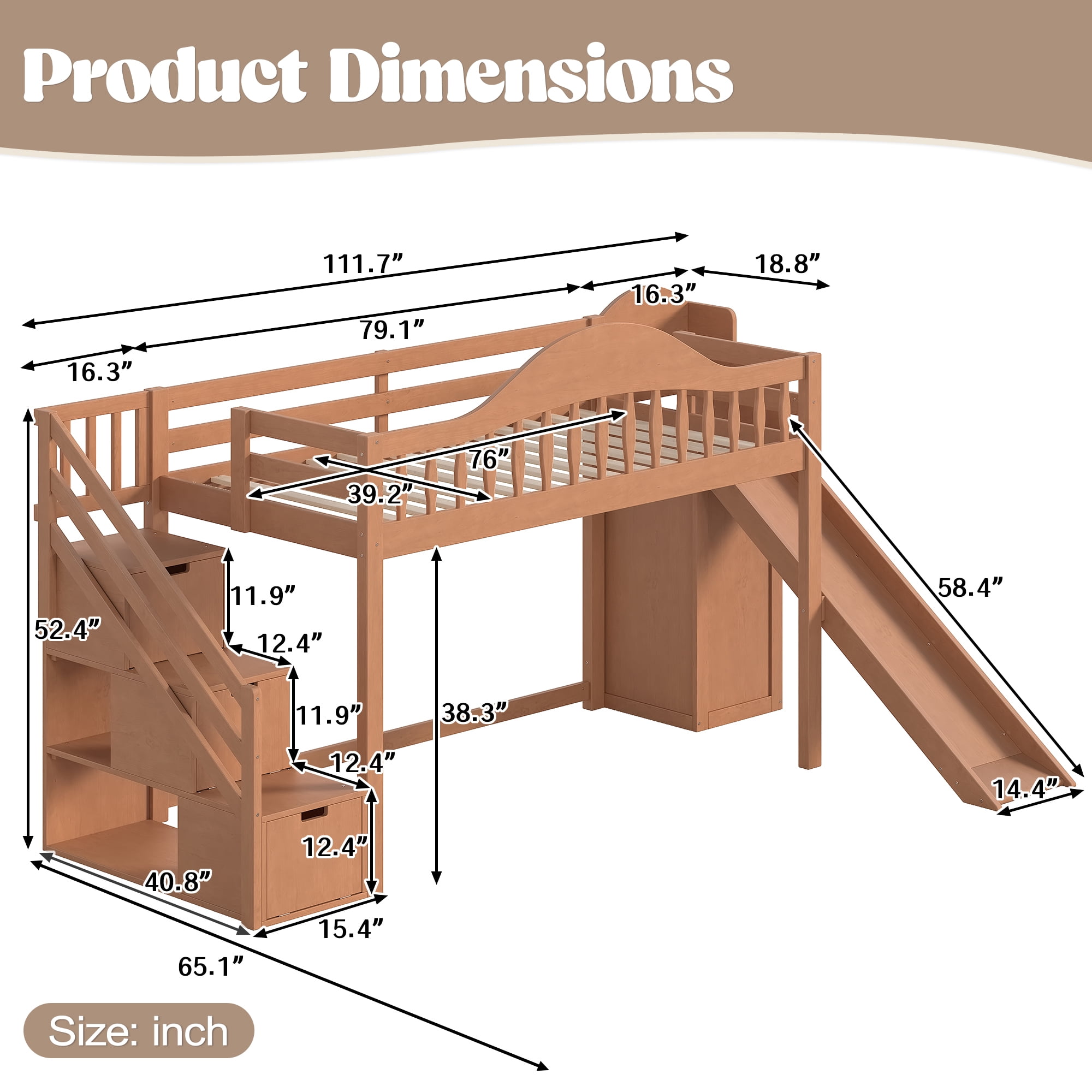 Leumius Twin Size Loft Bed with Storage Stairs, Slide & Built-in Wardrobe,Soild Wood Loft Bed Frame with High Guardrail,Walnut