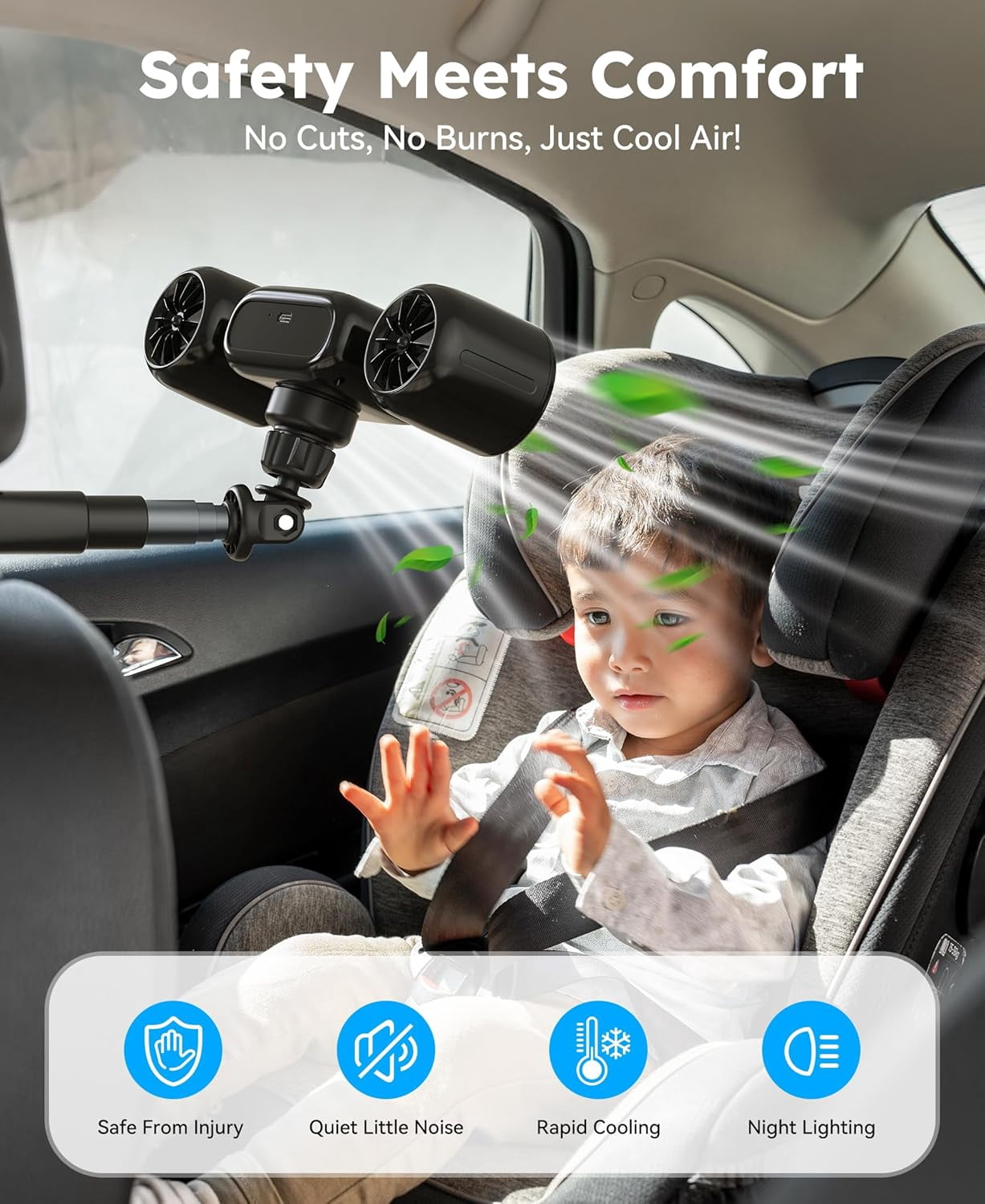 Wiher Car Fans, Seat Cooling Fan 3 Wind Speeds with Night Light 360° Dual Head USB Car Fan Portable Fans for Car Backseat for Kids (Black)