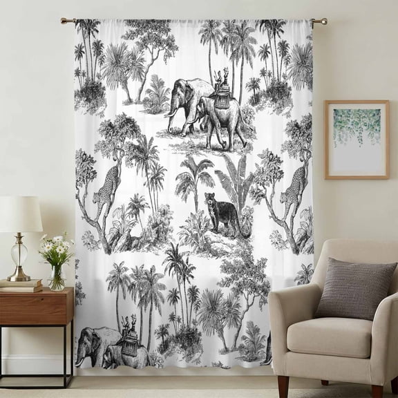 Elephant Tiger Leopard Sheer Curtains 45 Inches Long, Farmhouse Retro Tropical Plants Light Filering Curtains, Breathable Simi Curtain Privacy Drapes for Kitchen Bathroom Small Window Treatment
