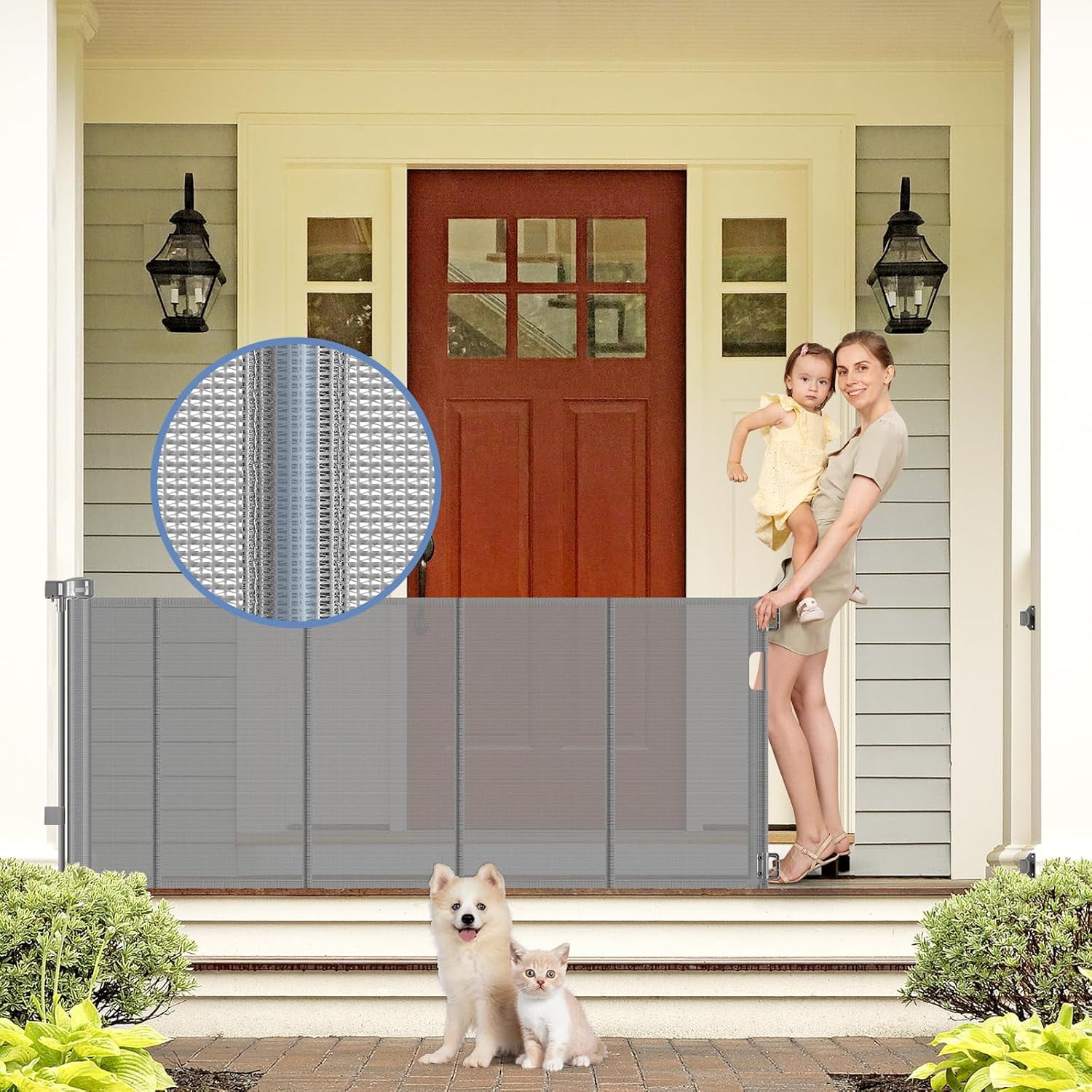 Retractable Dog Gate with Support Strip 60" Wide Retractable Outdoor Gate for Decks Mesh Dog Gate Retractable Indoor Retractable Pet Gate for Dogs Retractable Mesh Gate Retractable Cat Gate