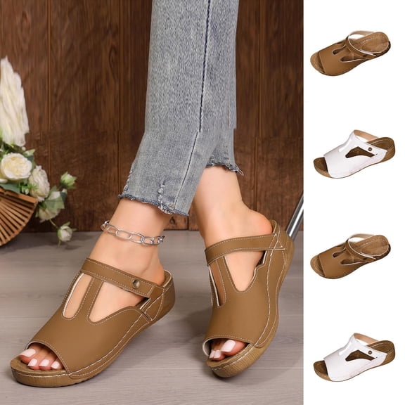 XUNKUSGA Summer Sandals Women Dressy Soft Arch Support Wedge Sandals for Women Classic Comfortable Casual Open Toe Hollow Out Beach Sandals,Brown