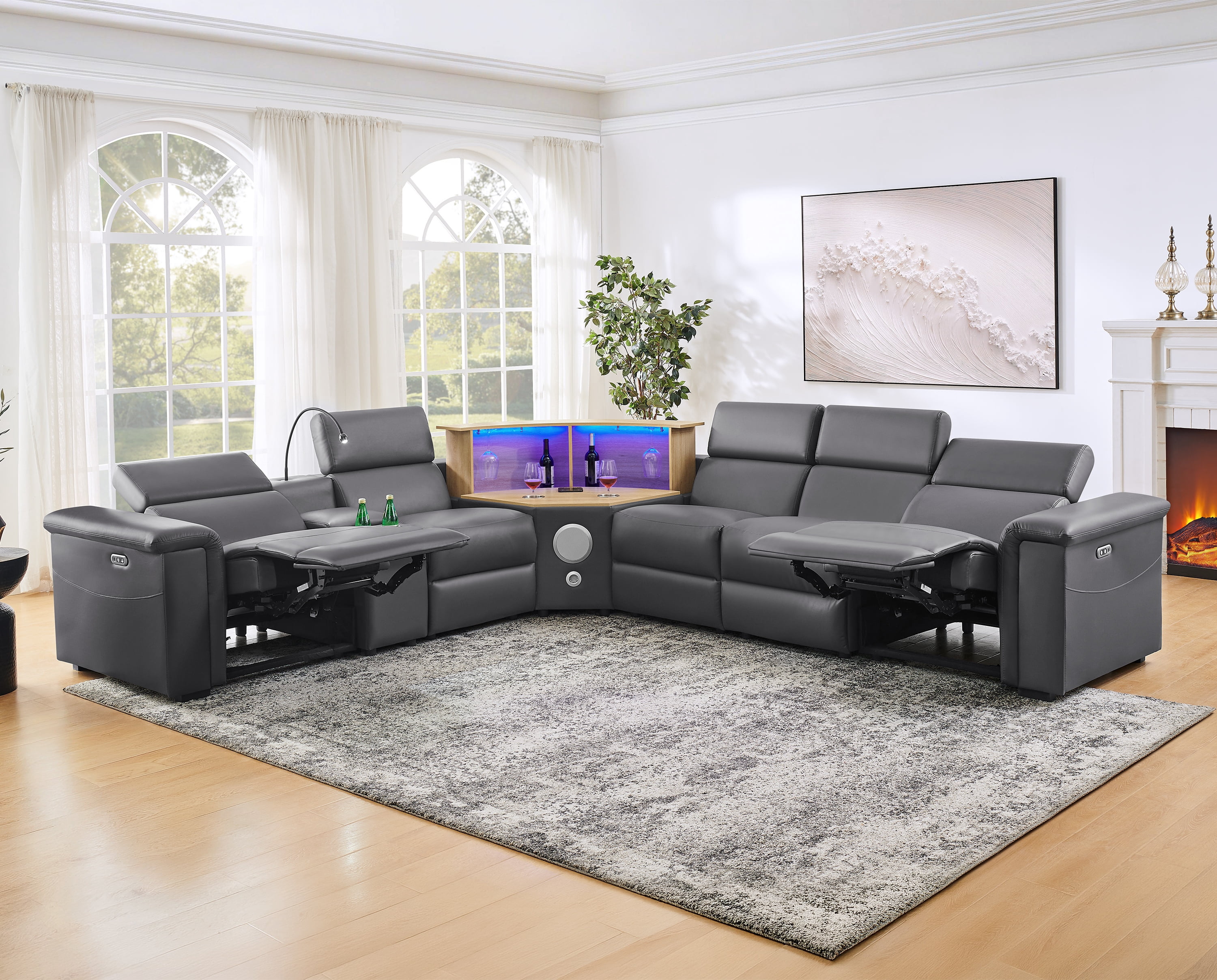 Gewnee 5-Seater Air Leather L-Shaped Sectional Power Recliner Sofa with Lift Cabinet Bluetooth Speakers LED Lights Dark Gray