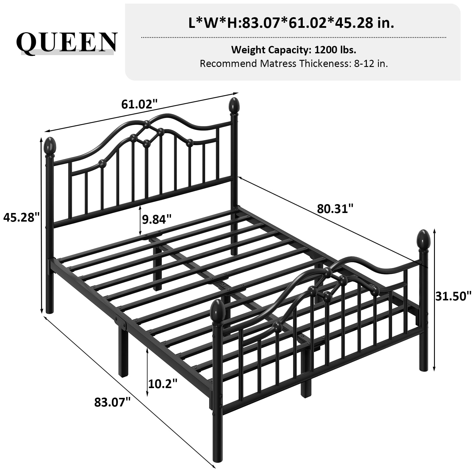 E-Ser Queen Size Metal Platform Bed Frame,Modern Headboard And Footboard,Adequate Under Bed Storage,No Box Spring Needed,Black