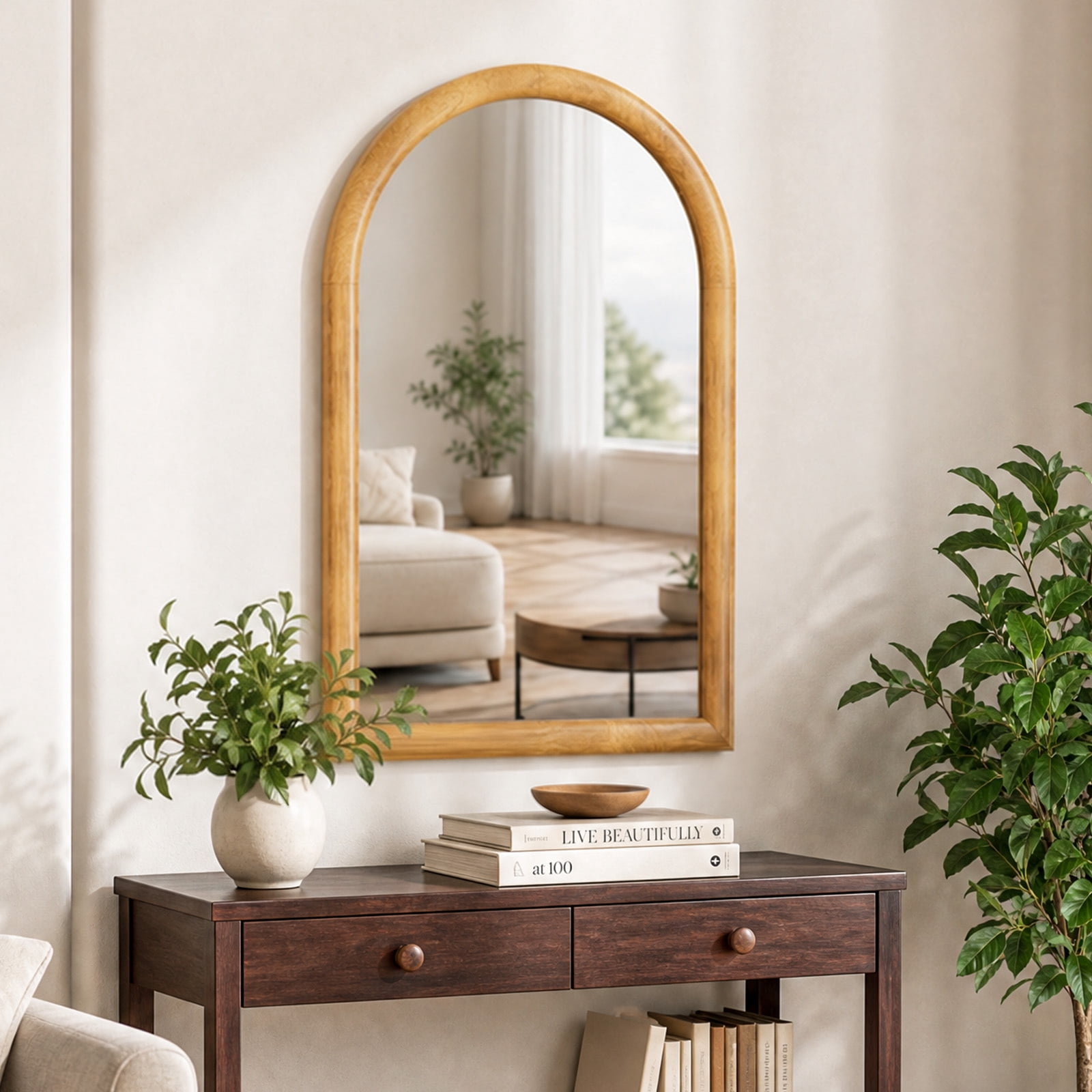 Easy4Home 36" x 24" Arched Bathroom Mirror Wall Decor with Wooden Frame, Natural Wood