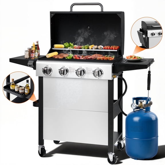 Enyopro Gas Grill, 4-Burner Propane Gas Grill, 40,00BTU Stainless Steel BBQ Grill With Foldable Side Table, Hanging Basket, for Outdoor Camping Barbecue