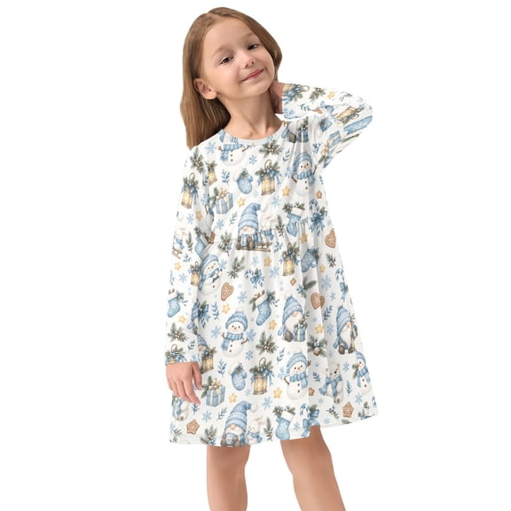 Girls Dress Soft Casual Long Sleeve Cute Dress for Girls Fashion Prints Ice and Snow Christmas Crew Neck