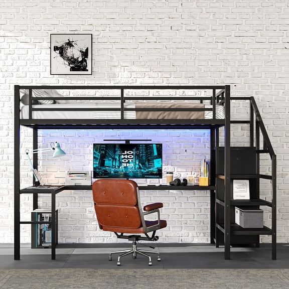 URTR Full Size Metal Loft Bed with L-shaped Desk and USB, Heavy Duty Loft Bed with Wardrobe, Adjustable Shelf and Stairs, High Full Loft Bed with LED and Guardrails for Bedroom, Black