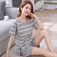 thumbnail image 2 of Conjunto de pijamas de algodón 100% para mujer, ropa de dormir de manga corta con estampado, Camiseta corta informal para niña, 2 of 5