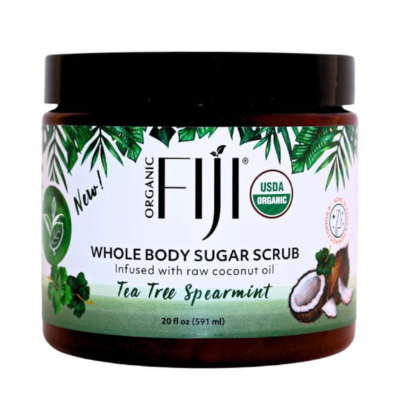 Exfoliante de azúcar con infusión de aceite de coco orgánico de Fiji para rostro y cuerpo, 20 onzas (20 onzas (paquete de 1) menta verde de árbol de té)