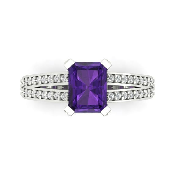 2.35 ctw Solitaire with Zirconia Diamond Accents Anniversary Ring for Women | Emerald Cut Natural Amethyst | Hyperallergenic Solid 14K White Gold