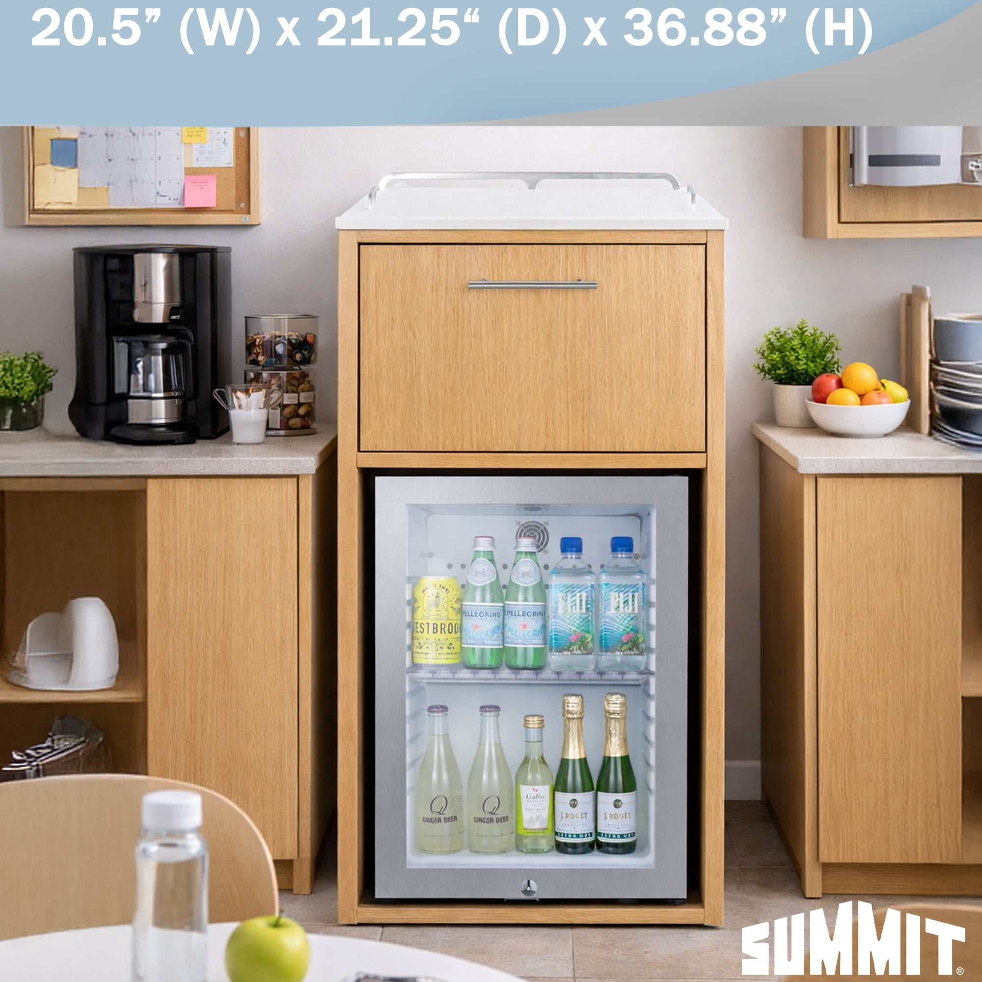 Summit 21 Inch Coffee Station With Minibar and Microwave, 1.2 cu.ft. Refrigeration Capacity, Hospitality Cabinet, White, Stainless Steel - QCSMW1OAKW