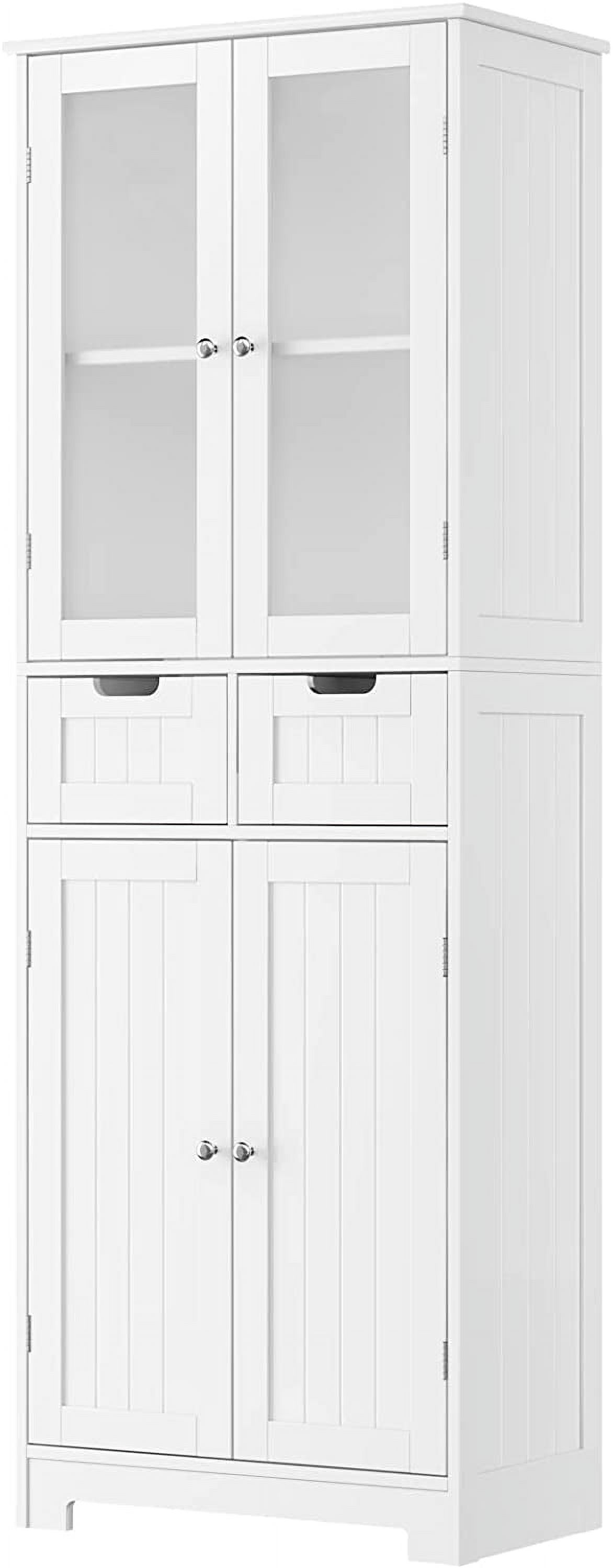 67" Tall Storage Cabinet, Freestanding Pantry Cabinet with Glass Door and Shelves, Linen Bathroom Cabinet with 2 Drawers for Living Room, Kitchen, Dining Room, Office, White