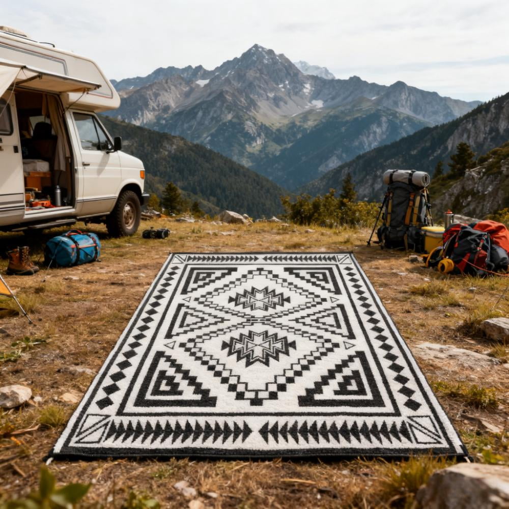 9' x 18' Black and Gray Square Patchwork Patio Rug, Reversible Waterproof Plastic Straw Outdoor Rug, Foldable Portable RV Camping Mat with Carry Bag