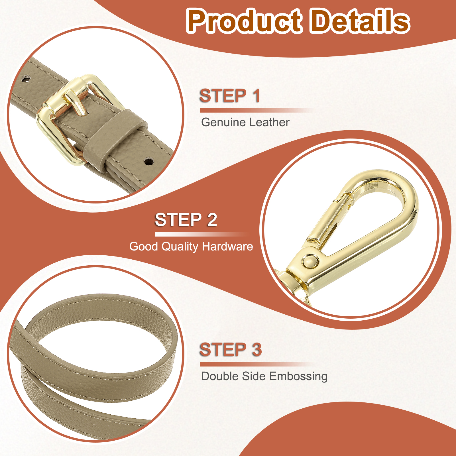 1" Genuine Leather Purse Strap for Bag (Apricot, Gold Buckle)