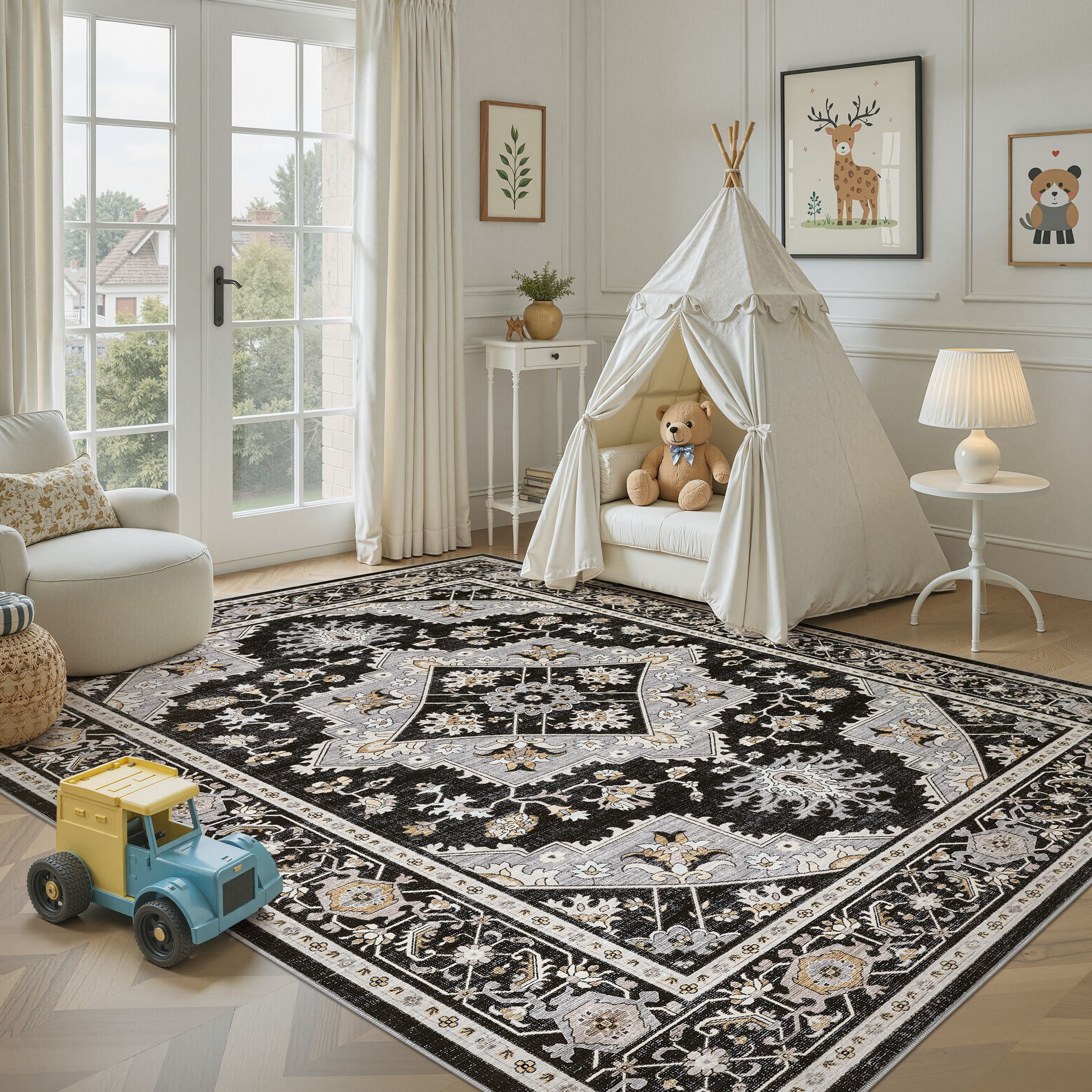 UERMEI 10'x14' Washable Large Area Rugs for Living Room, Vacuum friendly, Vintage Floral Boho Printed Carpet, Non Slip Indoor Rugs for Bedroom Home Decor Carpets, Black/Gray