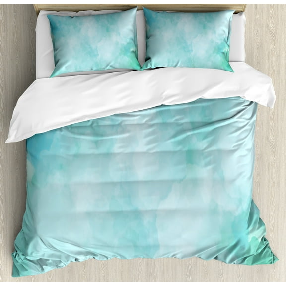 Art Abstract Duvet Cover Set, Pastel Dream with Smoke Look Watercolor Creative Illustration, Decorative 3 Piece Bedding Set with 2 Pillow Shams, Calking Size, Pale Blue and Seafoam, by Ambesonne