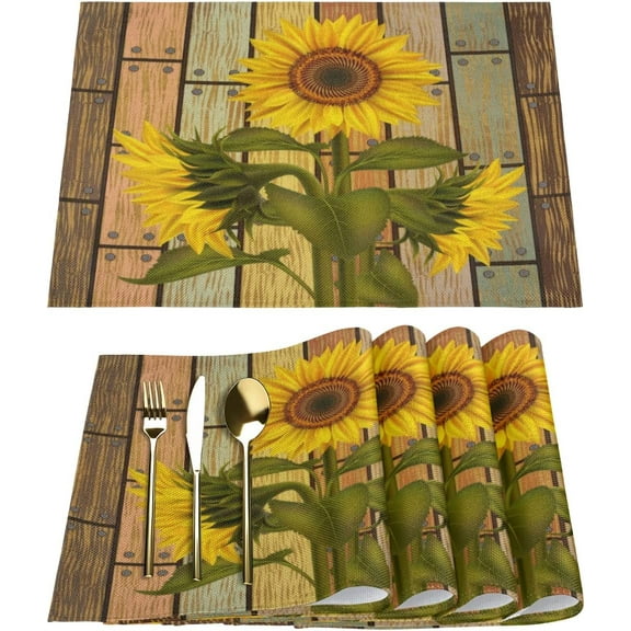 Placemats Set of 4, Vintage Wooden Sunflower Floral Dining Table Place Mats Heat Resistant Non Slip Washable Linen Kitchen Table Mats for Outdoor Indoor Decor