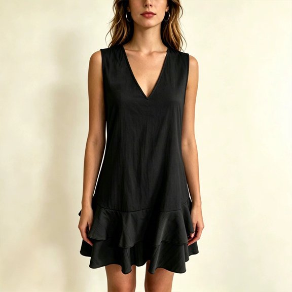 Morttic Women's V-Neck Sleeveless Mini Dress – Double-Layer Ruffle Hem A-Line Solid Color Casual Summer Vacation Outfit Black,S