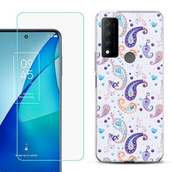 Slim-Fit Gel TPU Phone Case for TCL 4X 5G, with Tempered Glass Screen Protector, by OneToughShield ® - Paisley Purple