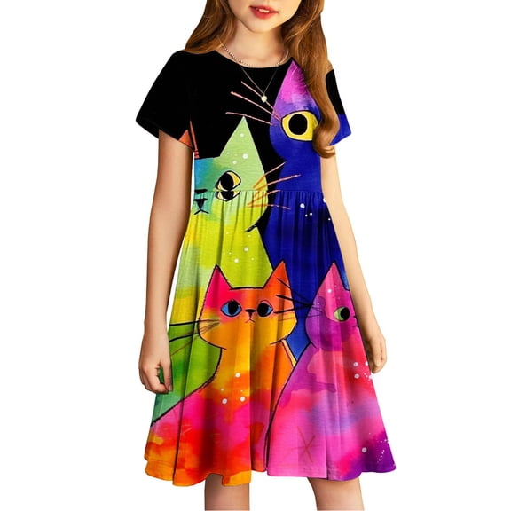 Summer Dress for Girls Crewneck Casual Cute Short Sleeve Lightweight Fashion Printed Flowy A Line Sundress