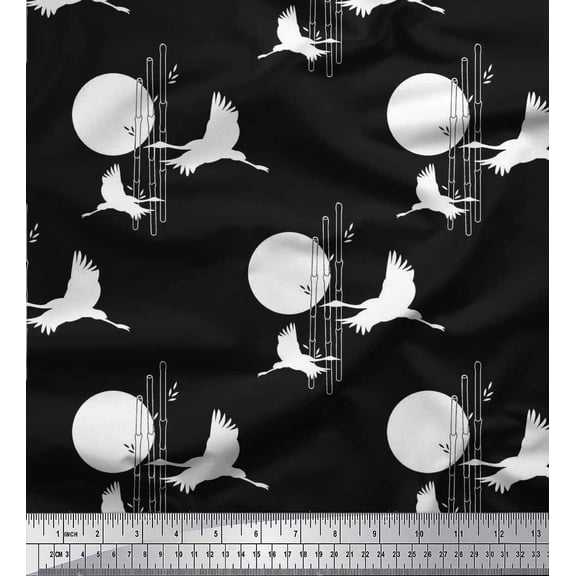 Soimoi Cotton Duck Fabric Bamboo Tree,Moon & Stork Bird Printed Fabric 1 Yard 42 Inch Wide