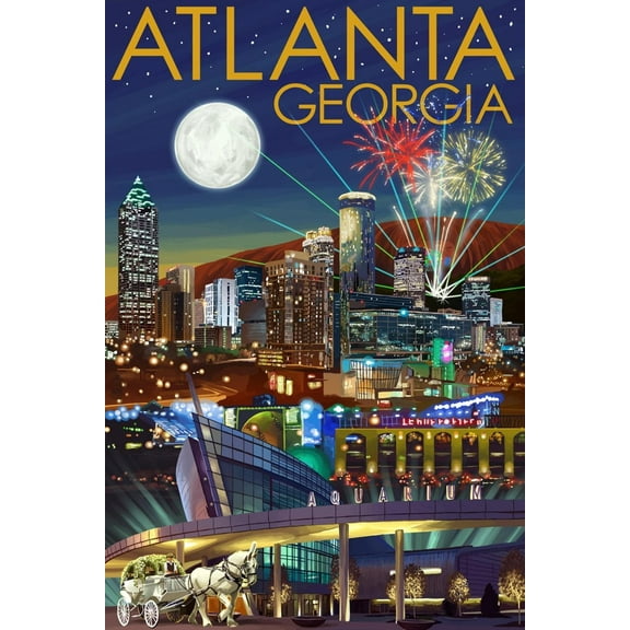 Art.com Atlanta, Georgia - Skyline at Night Art Print by Lantern Press, 12" x 18"