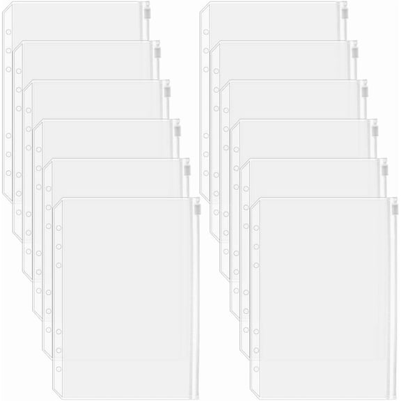 1set 12Pcs A5 Binder Pockets 6 Holes Budget Cash Envelopes Clear Zipper Folders Waterproof PVC 6 Rings Loose Leaf Bags Binders for Planner Inserts Document Pouch Filing Pencil Office Supplies Clear