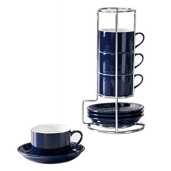 Porcelain Stackable Cappuccino Cups with Saucers and Metal Stand, Espresso Cups for Latte Coffee Cafe,Specialty Coffee B