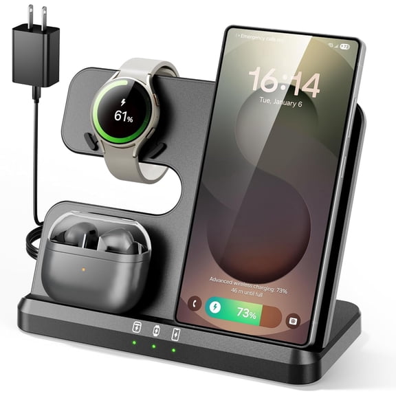 3 in 1 Charging Station for Samsung, Wireless Charger Stand Galaxy S26/S25/S24/S23/Z Fold, Phone and Watch Samsung 8/7/6/5, Buds 3/2/Pro