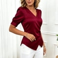 thumbnail image 4 of Pounoo Women's Tops Satin V-Neck Wrap Front Short Sleeve Blouses Elegant Office Vibe Lightweight Stretchy Slim Fit Outfits Gift, 4 of 7