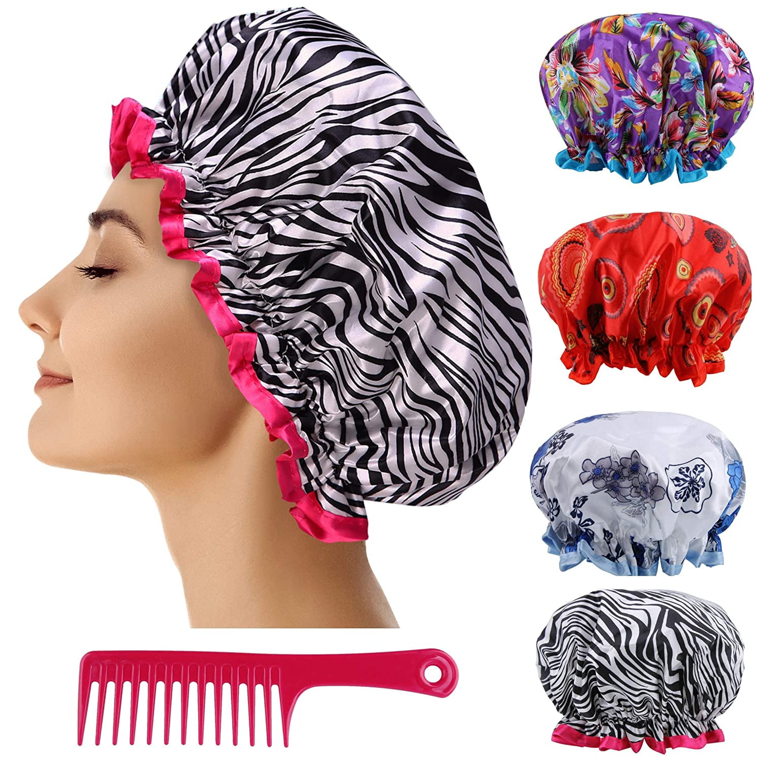 Reusable Shower Cap Women Hair - (Pack of 4) Lined Plastic Showercap  Waterproof Bath Hat Hair Cover Caps Bundled with 1 Detangling Comb Perfect  for all Hair Lengths and Thicknesses 