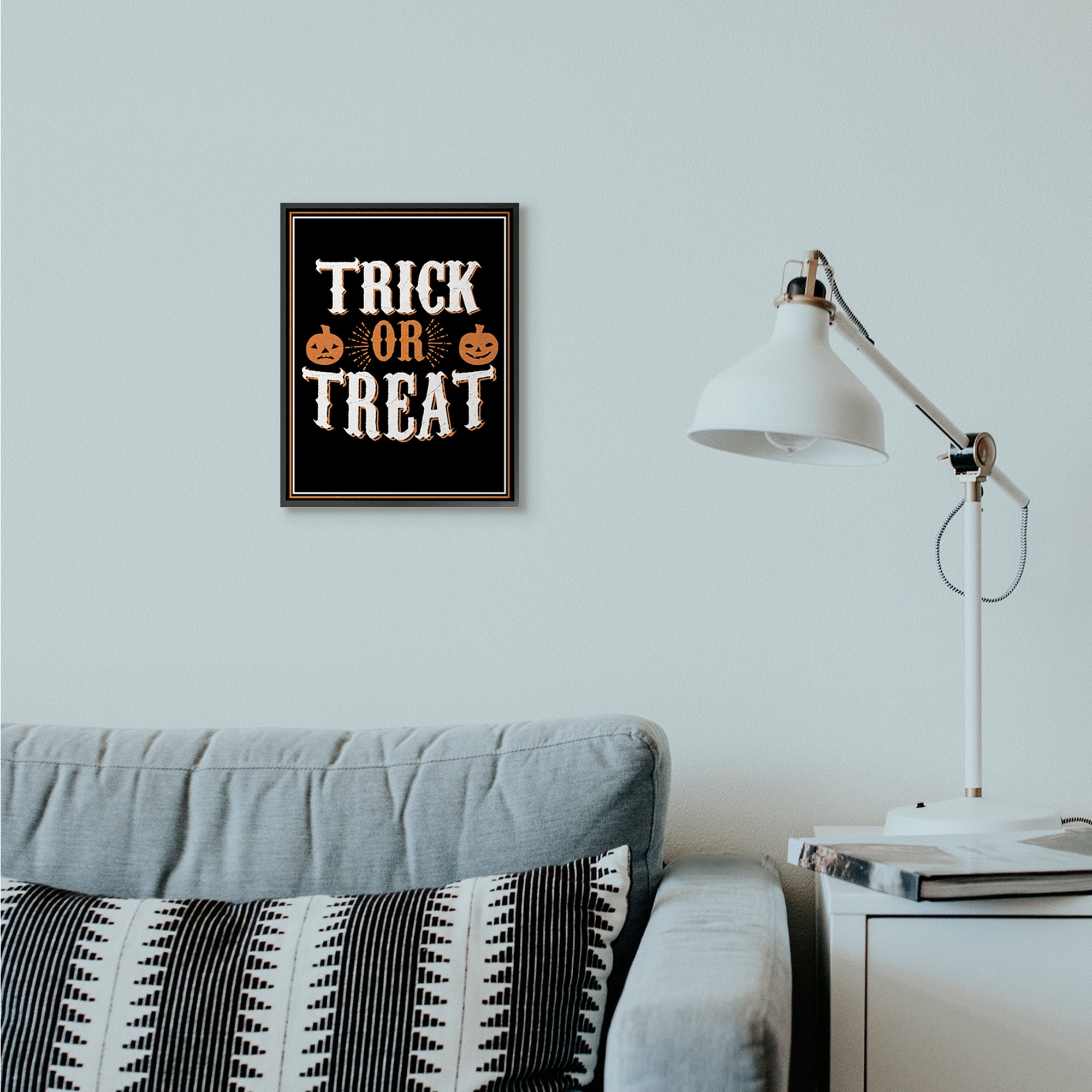 Stupell Industries Trick Or Treat Orange Black Holiday Word Design Graphic Art Black Framed Art Print Wall Art, 11x14, by The Saturday Evening Post