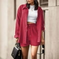 thumbnail image 6 of Roncen Women's Summer Two-Piece Set - Long Sleeve Shirt with Turn-Down Collar & High-Waisted Drawstring Shorts Casual Outfit, 6 of 7
