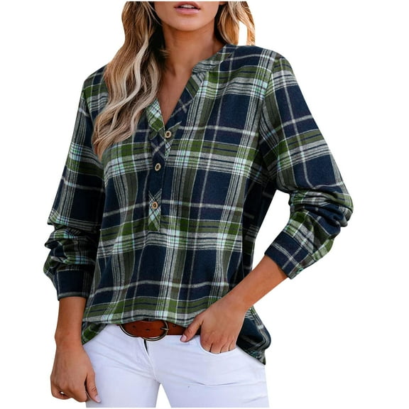 Womens Notch V Neck T-Shirts, Long Sleeve Shirts for Women Fall Fashion Plaid Printed Button Up Dressy Blouses