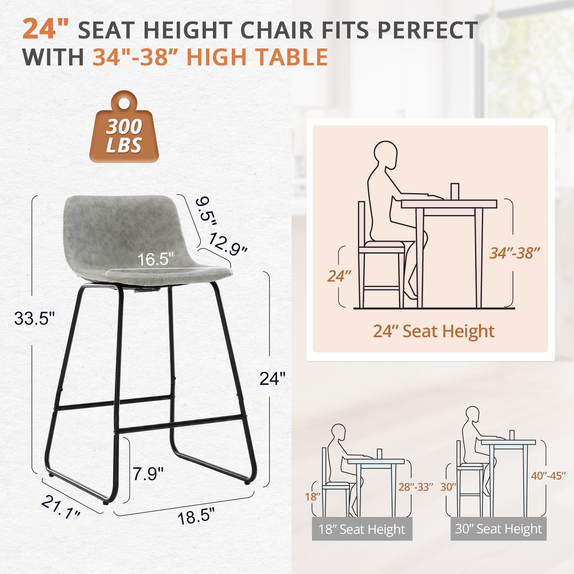 Dycanpo 24" Counter Height Bar Stools Set of 2 with Back, Faux Leather for Home Kitchen Island, Gray