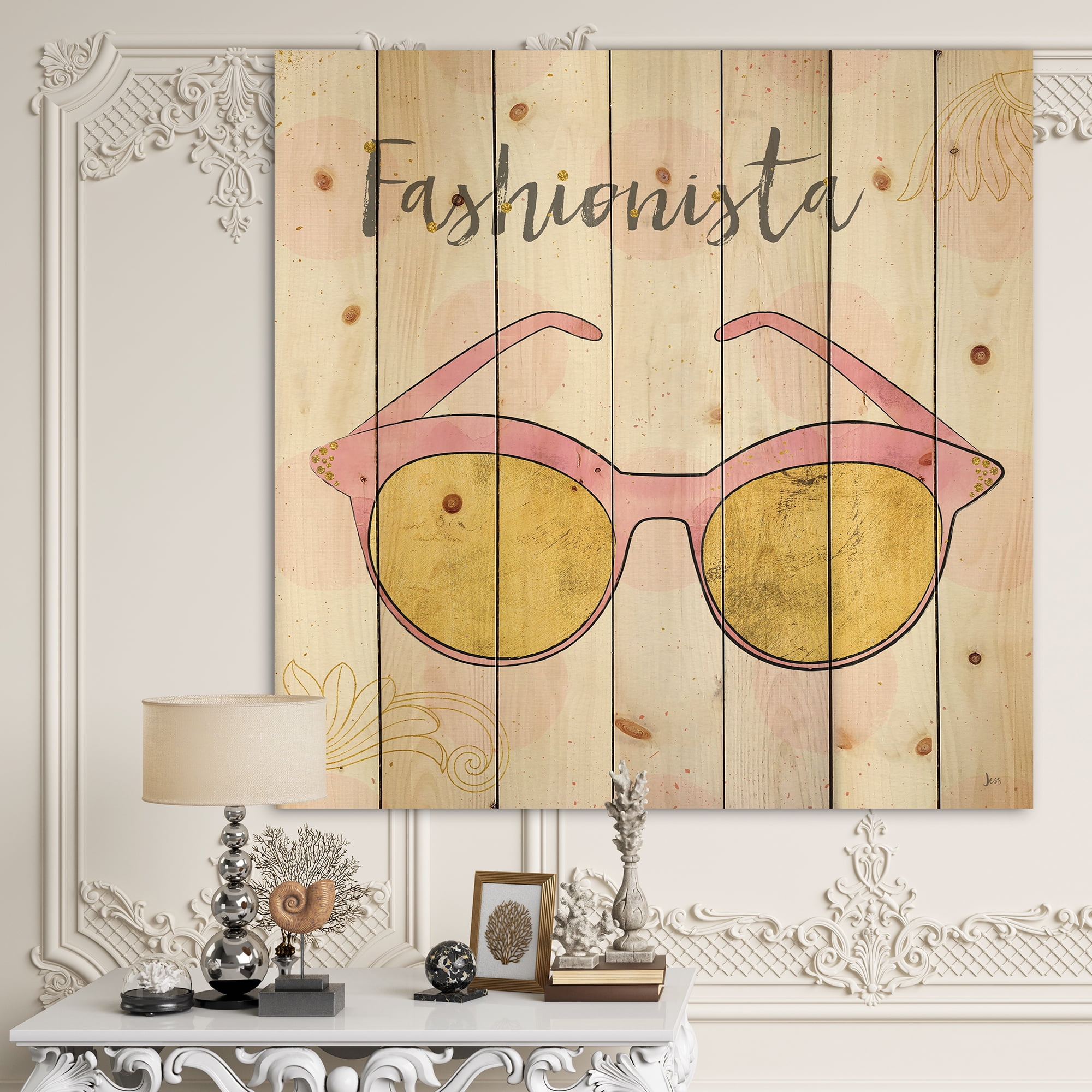 Designart 'Fashion Accessories Glam Pink' Posh & Luxe Print on Natural Pine Wood
