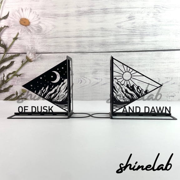 Shinelab Day and Night Metal Bookends Custom Mountain Sun Moon Name Bookend, Nature Desk Bookshelf Decor 5729